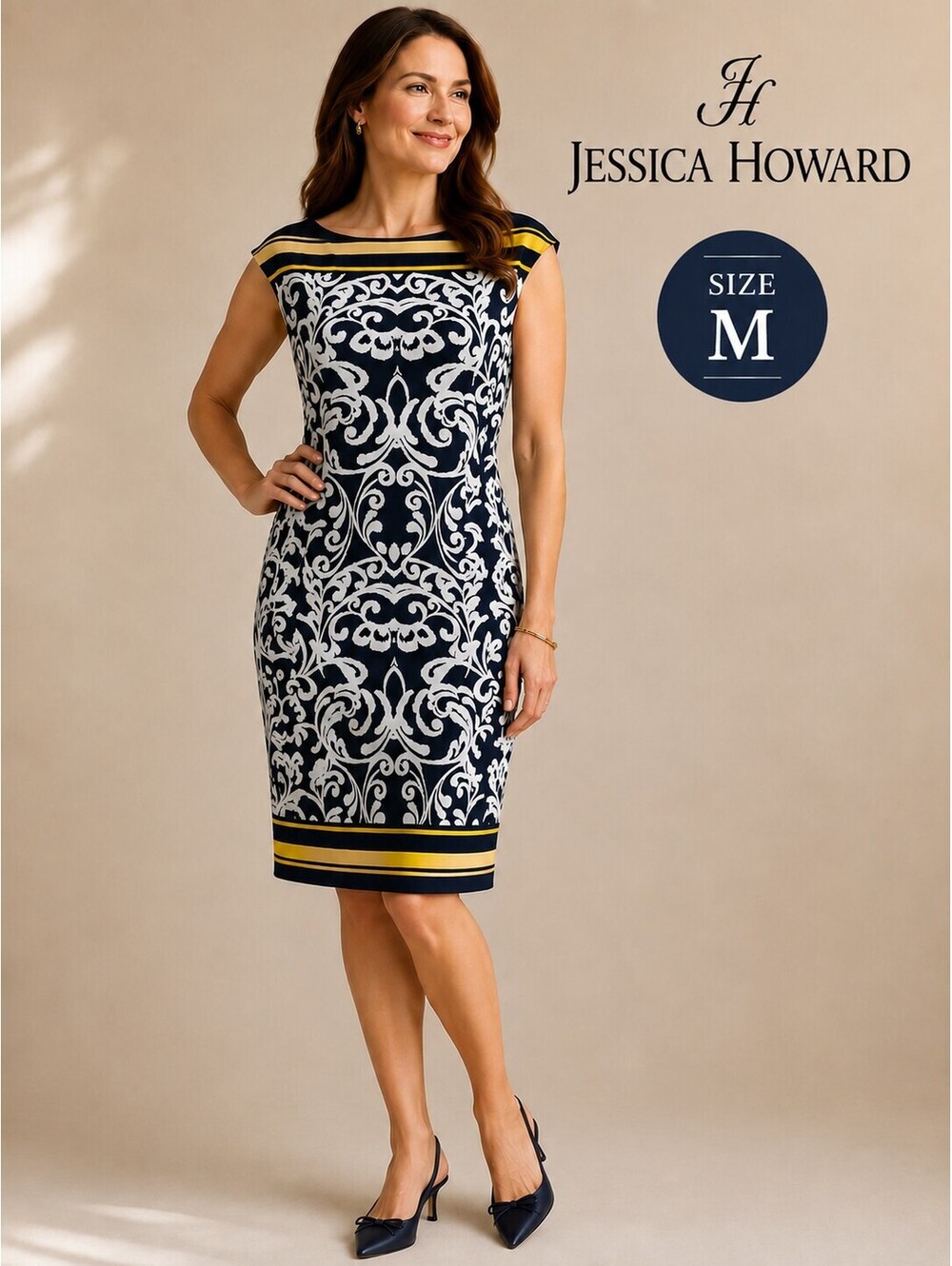 Jessica Howard | Sz M | Black White Yellow Sleeveless Shift Dress